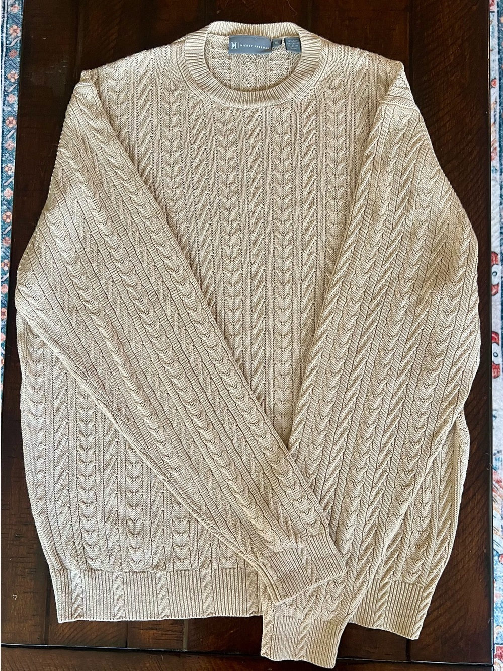 Hickey Freeman Silk Cotton Cable Knit Crewneck Sweater XL Beige